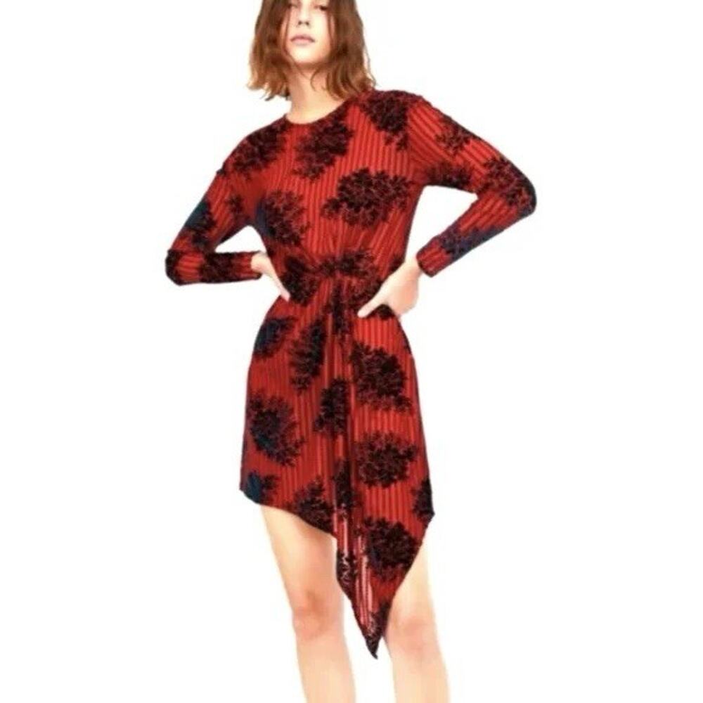 Zara Trafaluc Women's Red Orange Devore Velvet Mini Dress Size S Long Sleeve